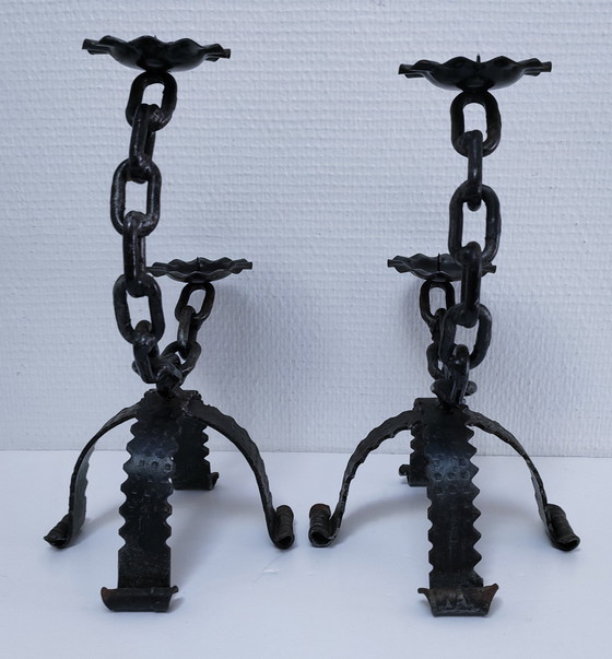 Image 1 of Pair of Brutalist Chain Candleholders Wrought Iron 60s