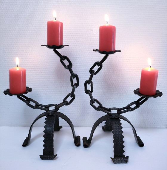 Image 1 of Pair of Brutalist Chain Candleholders Wrought Iron 60s