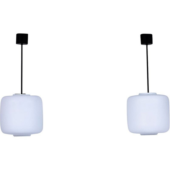 Image 1 of Pair of vintage Swedish black metal and white matte opaline glass pendant lamps, 1950s