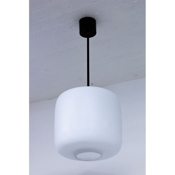 Image 1 of Pair of vintage Swedish black metal and white matte opaline glass pendant lamps, 1950s