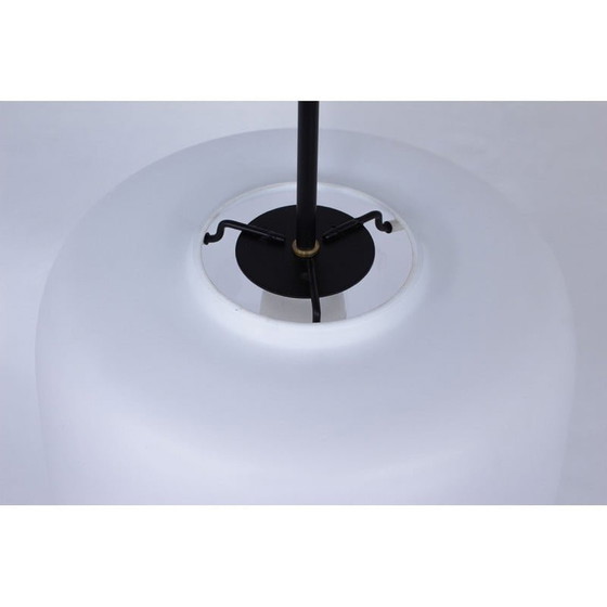 Image 1 of Pair of vintage Swedish black metal and white matte opaline glass pendant lamps, 1950s