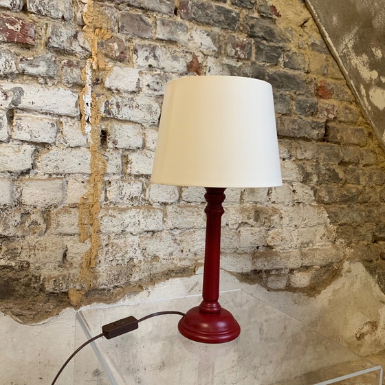 Image 1 of Duo of brick/burgundy wooden bedside lamp