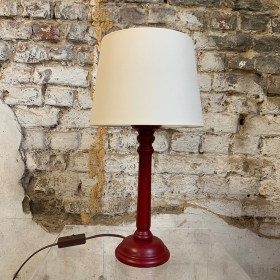 Image 1 of Duo of brick/burgundy wooden bedside lamp