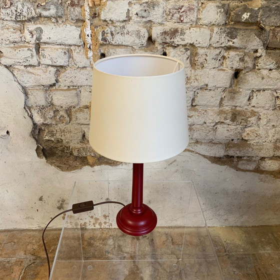 Image 1 of Duo of brick/burgundy wooden bedside lamp