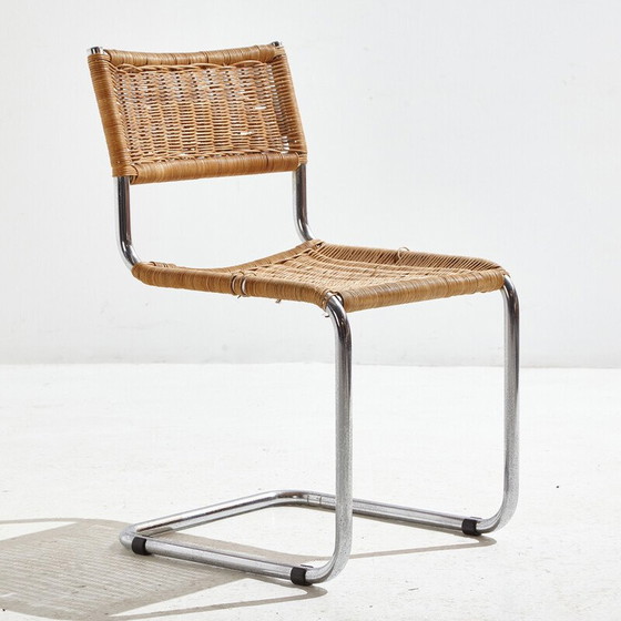 Image 1 of Vintage tubular chair with wicker seat and backrest, 1980s