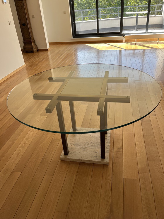 Image 1 of Round Glass Table Brass Brackets And Travertine Base