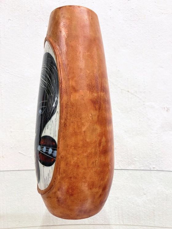 Image 1 of Italian ceramic vase with leather cover 50s design