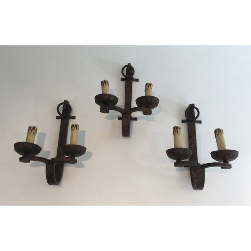 Set of 3 vintage wrought iron wall lamps, France 1950