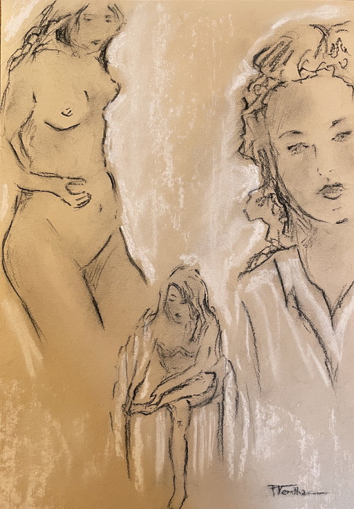 Bocetos de pintura al pastel y carbón, retratos de mujeres