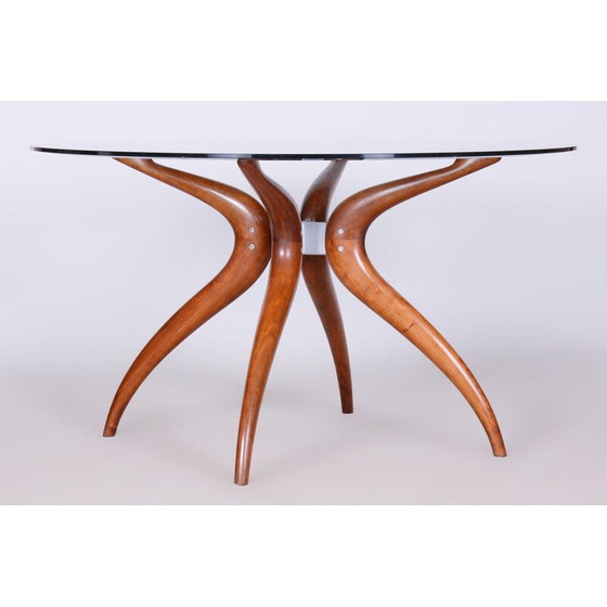 Image 1 of Mid-century dining table in cherry-tree and tempered glass, Czech 1950s