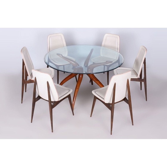 Image 1 of Mid-century dining table in cherry-tree and tempered glass, Czech 1950s