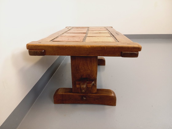 Image 1 of Vintage Brutalist Rustic Rectangular Coffee Table In Solid Oak And Ceramic From The 60s And 70s