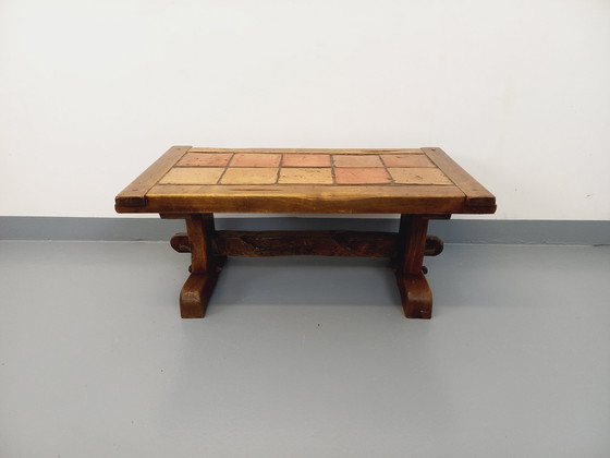 Image 1 of Vintage Brutalist Rustic Rectangular Coffee Table In Solid Oak And Ceramic From The 60s And 70s