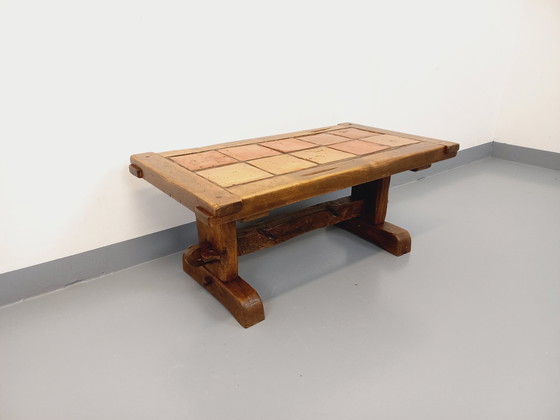 Image 1 of Vintage Brutalist Rustic Rectangular Coffee Table In Solid Oak And Ceramic From The 60s And 70s