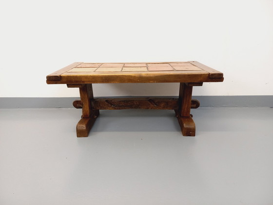 Image 1 of Vintage Brutalist Rustic Rectangular Coffee Table In Solid Oak And Ceramic From The 60s And 70s