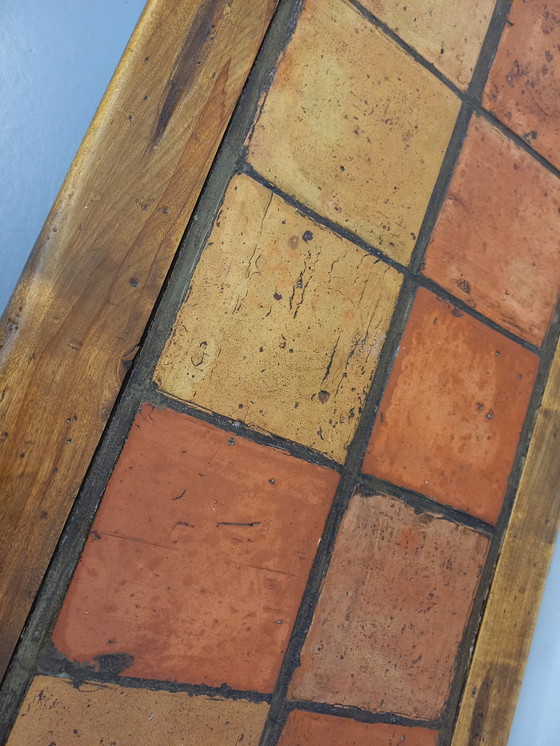 Image 1 of Vintage Brutalist Rustic Rectangular Coffee Table In Solid Oak And Ceramic From The 60s And 70s