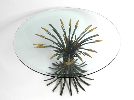 Image 1 of Beautiful 1970s large ears of wheat coffee table in green and gold-plated