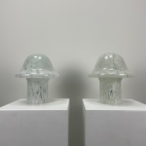 Pair Of White Cloudy Glass Mushroom Table Lamps By Glas Eckert 1970