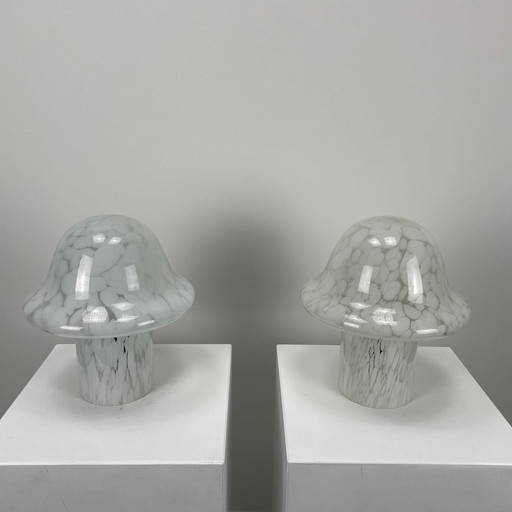 Pair Of White Cloudy Glass Mushroom Table Lamps By Glas Eckert 1970