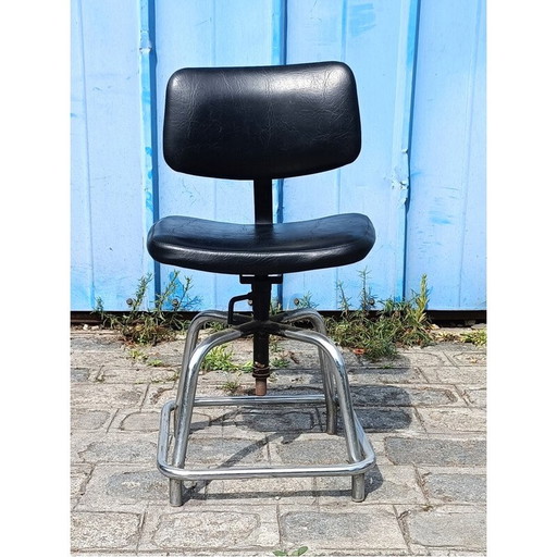 Vintage chrome plated metal and black leather industrial laboratory chair, 1960