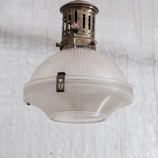 Vintage glass, chain and rose retained pendant lamp, France 1950