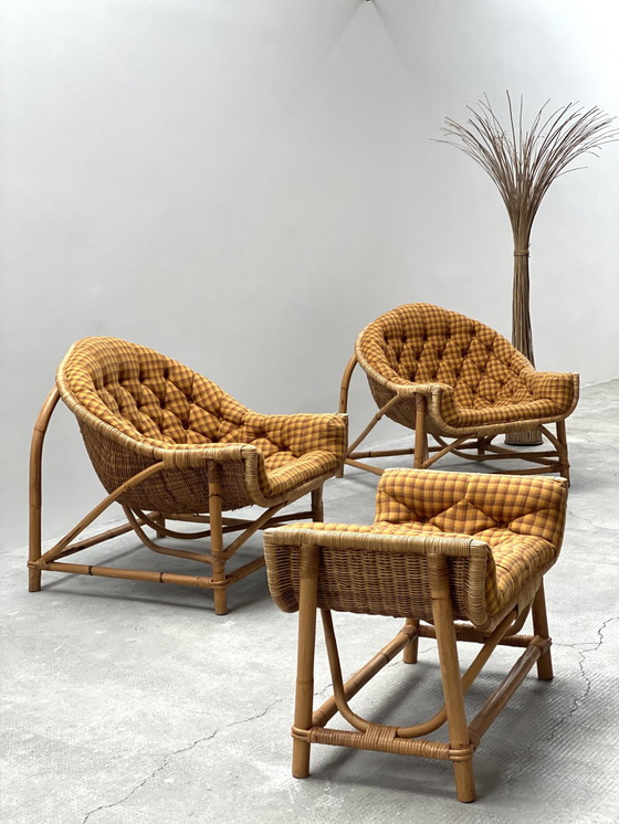 Image 1 of 2x Rattan Armchair & Ottoman Set 1960s Midcentury