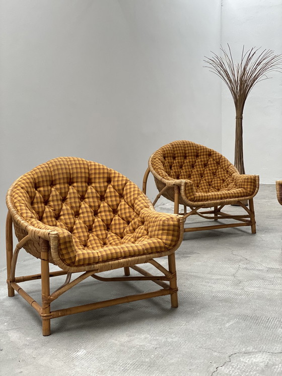 Image 1 of 2x Rattan Armchairs & ottoman set 1960s midcentury