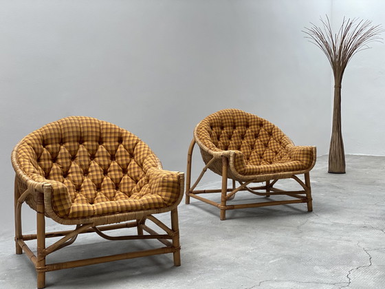 Image 1 of 2x Rattan Armchair & Ottoman Set 1960s Midcentury