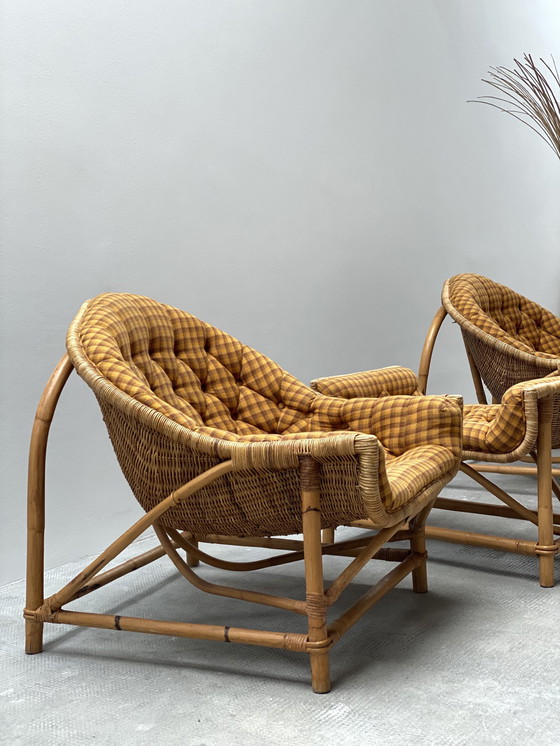 Image 1 of 2x Rattan Armchairs & ottoman set 1960s midcentury