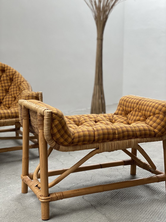 Image 1 of 2x Rattan Armchair & Ottoman Set 1960s Midcentury