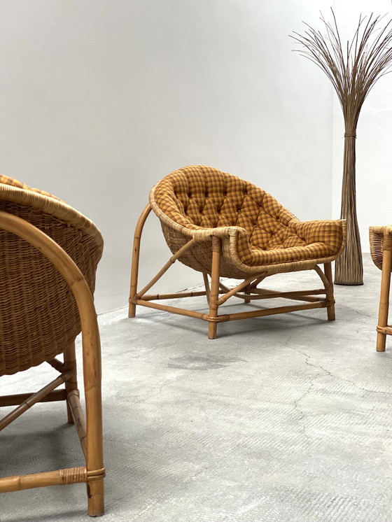 Image 1 of 2x Rattan Armchair & Ottoman Set 1960s Midcentury