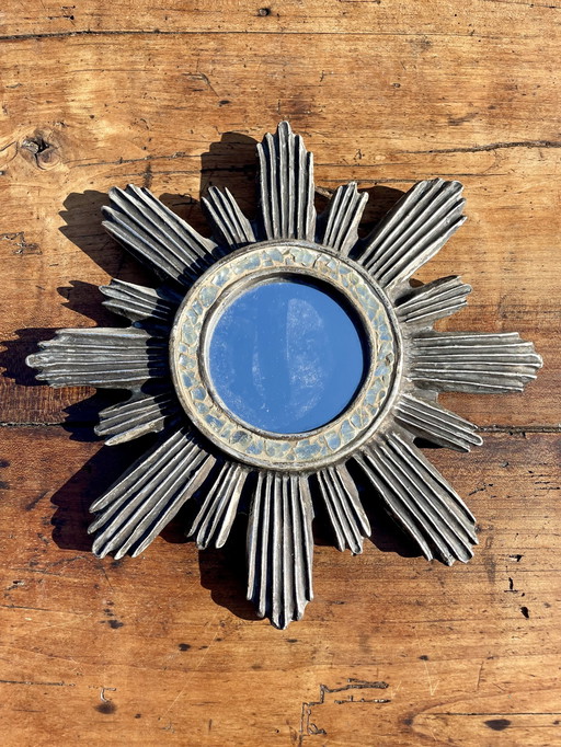 Silver Carved Wood Sun Mirror