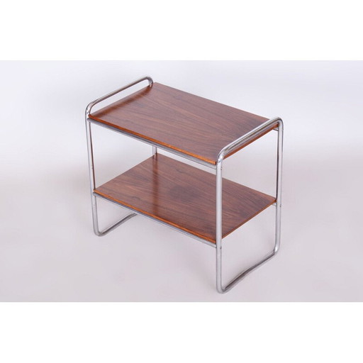 Vintage Bauhaus side table in walnut and chrome steel, Czechoslovakia 1930