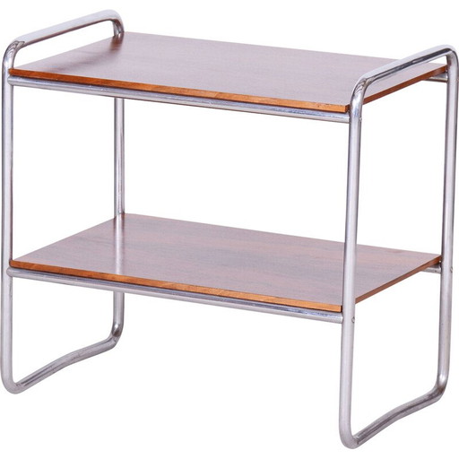 Vintage Bauhaus side table in walnut and chrome steel, Czechoslovakia 1930