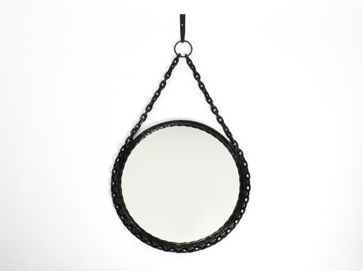 Heavy Brutalist Mid Century Design wall mirror with wrought iron frame and chain