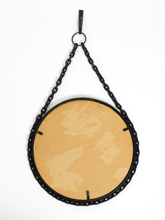 Image 1 of Heavy Brutalist Mid Century Design wall mirror with wrought iron frame and chain