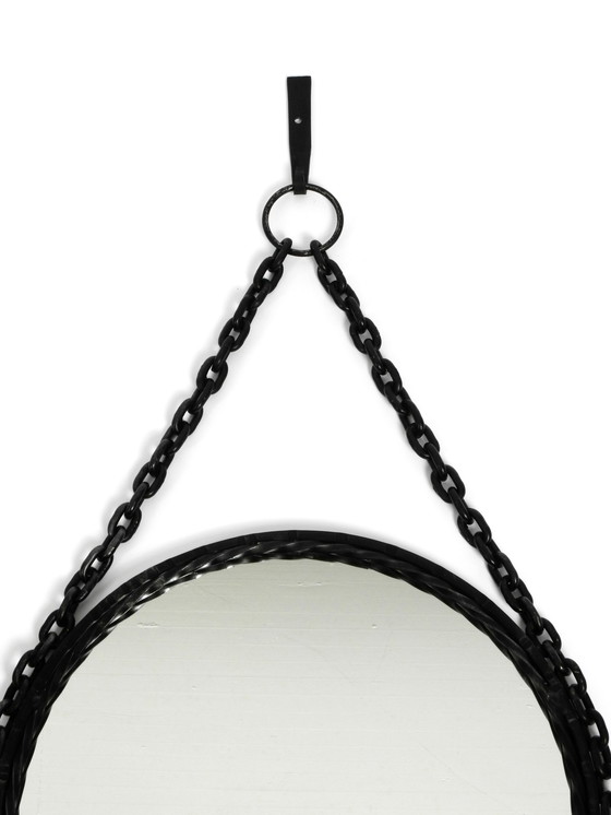 Image 1 of Heavy Brutalist Mid Century Design wall mirror with wrought iron frame and chain