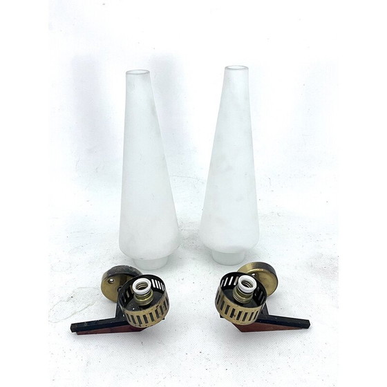 Image 1 of Pair of vintage brass and oplain triplex glass sconces by Stilnovo, Italy 1950