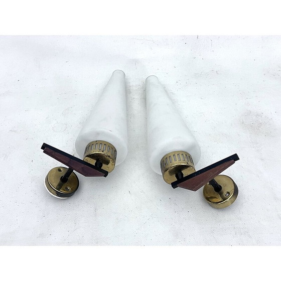 Image 1 of Pair of vintage brass and oplain triplex glass sconces by Stilnovo, Italy 1950