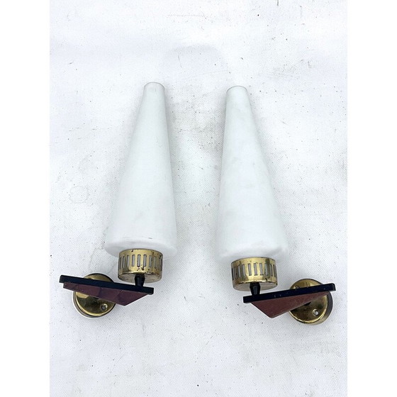 Image 1 of Pair of vintage brass and oplain triplex glass sconces by Stilnovo, Italy 1950