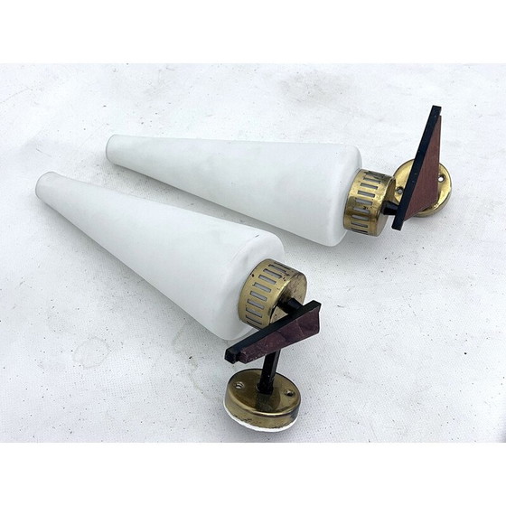 Image 1 of Pair of vintage brass and oplain triplex glass sconces by Stilnovo, Italy 1950