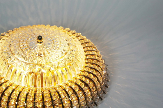 Image 1 of 1X Large Vintage Brass And Glass Flush Mount Light