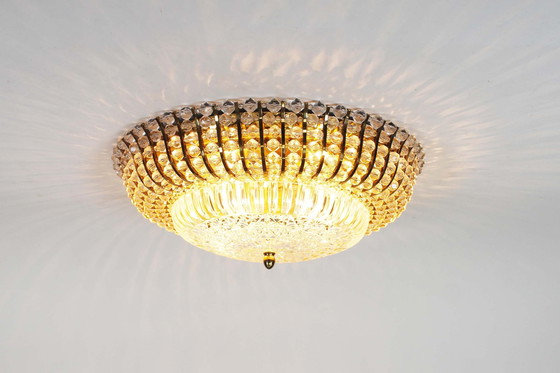 Image 1 of 1X Large Vintage Brass And Glass Flush Mount Light