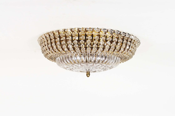 Image 1 of 1X Large Vintage Brass And Glass Flush Mount Light