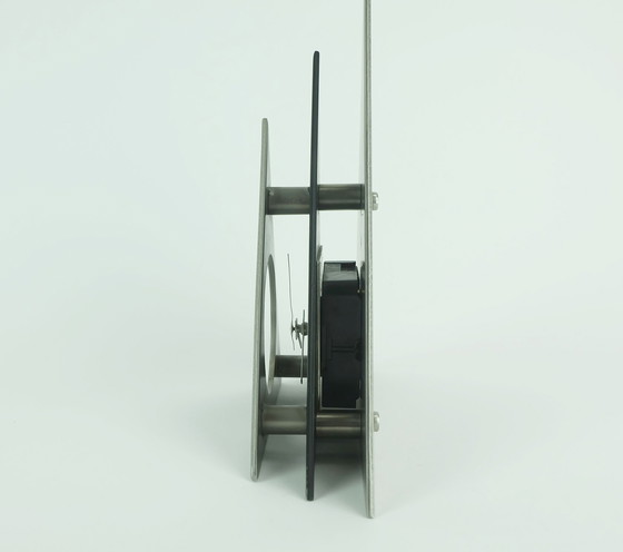 Image 1 of Outstanding 1980S Table Clock Black And Silver Gray Metal Postmodern Style