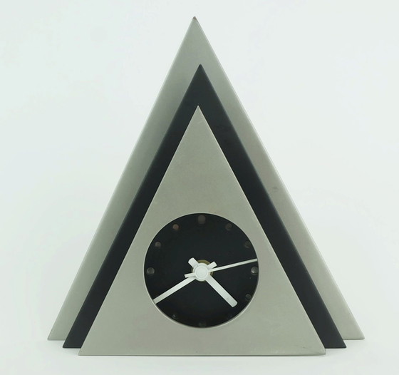 Image 1 of Outstanding 1980S Table Clock Black And Silver Gray Metal Postmodern Style