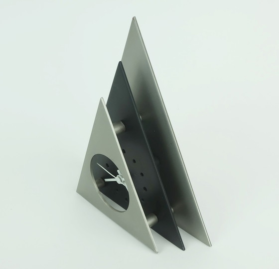 Image 1 of Outstanding 1980S Table Clock Black And Silver Gray Metal Postmodern Style