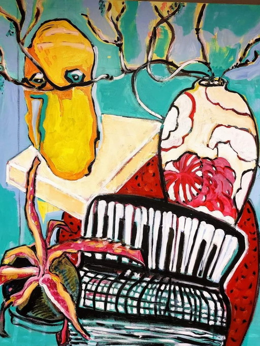 Masker en accordeon. Acryl op doek – schilderijen tekeningen, Canvas, Abstract
