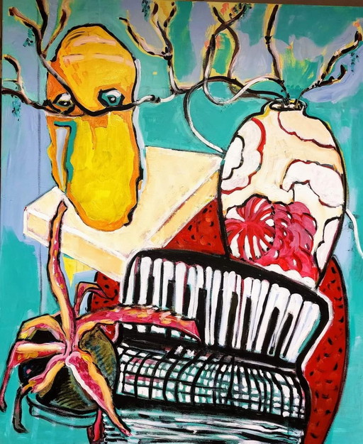 Masker en accordeon. Acryl op doek – schilderijen tekeningen, Canvas, Abstract (photo 2 of 5)