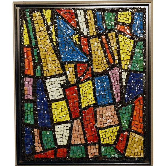 Image 1 of Vintage glass mosaic wall panel with wooden frame, Italy 1960